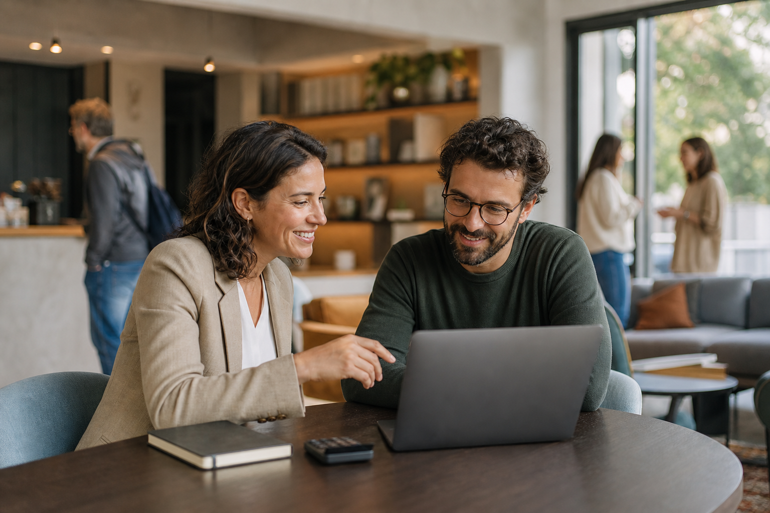 An accounting-platform partner and rental operator finance manager collaborating in a residential community space