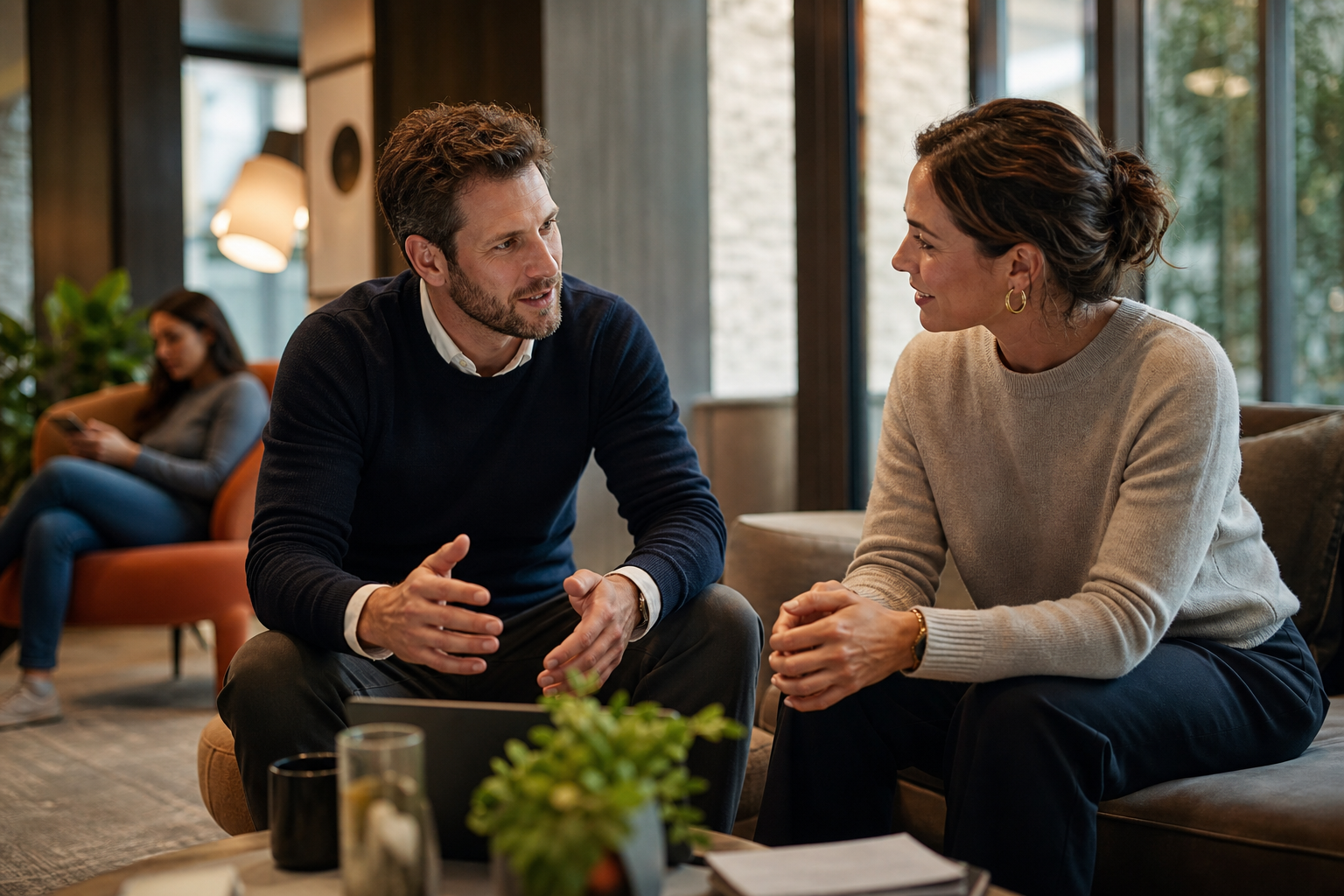 A CRM customer-success professional and rental operator support lead collaborating in a residential lounge