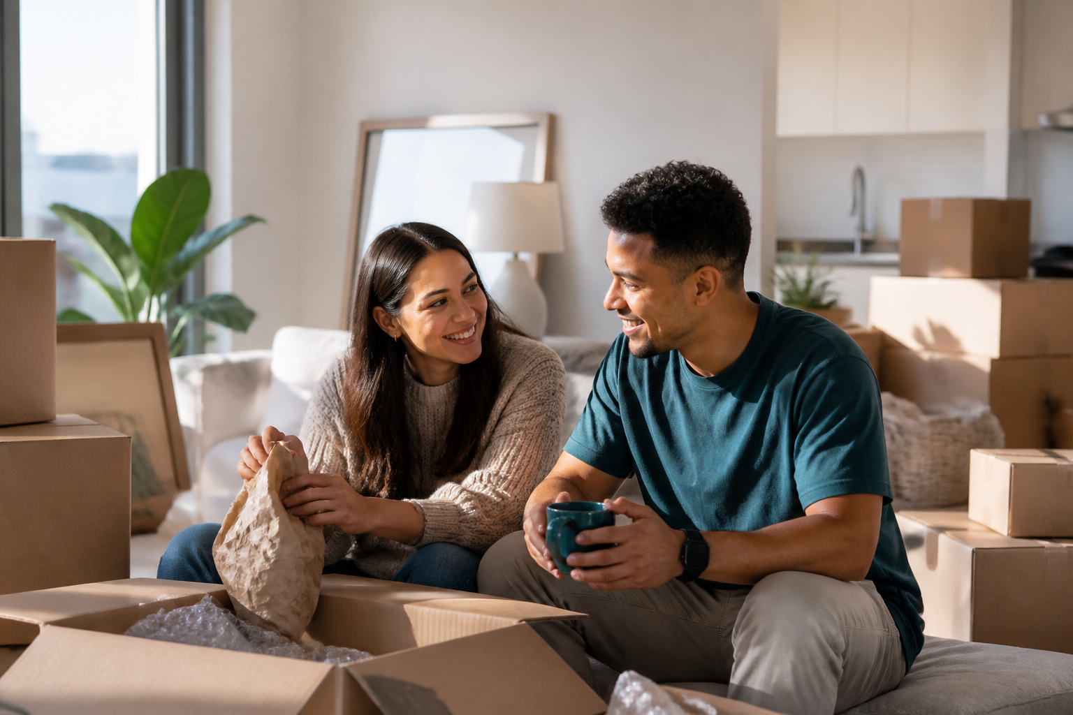Two tenants unpacking together in a bright new apartment