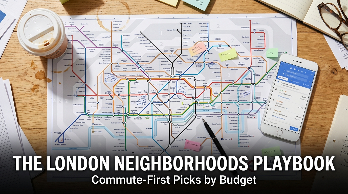 London area selection with abstract map elements and commute pathway shapes