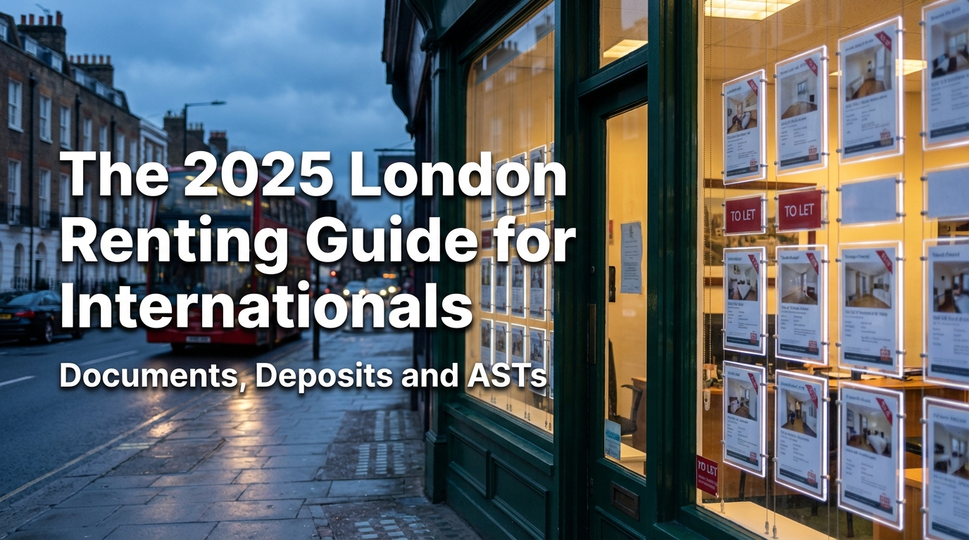 UK rental process with abstract document flow and verification shapes in modern geometric style