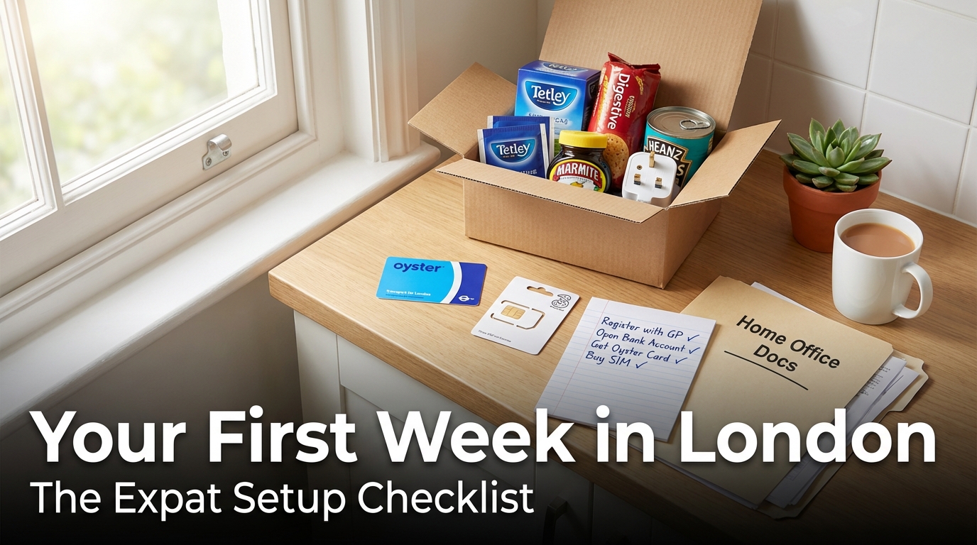 London arrival essentials with abstract geometric elements representing setup tasks and city navigation